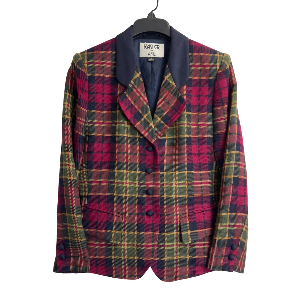 Kasper for ASL Vintage Plaid Blazer Red Green Navy Wool Blend Jacket Size 6